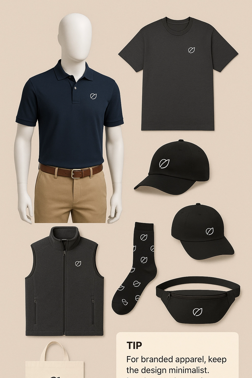 A mannequin wearing branded apparel stands next to a flat-lay display of minimalist company merch