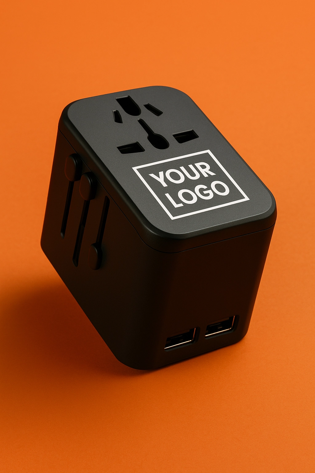 A tall, high-resolution image of a custom printed universal travel adaptor with a matte black finish