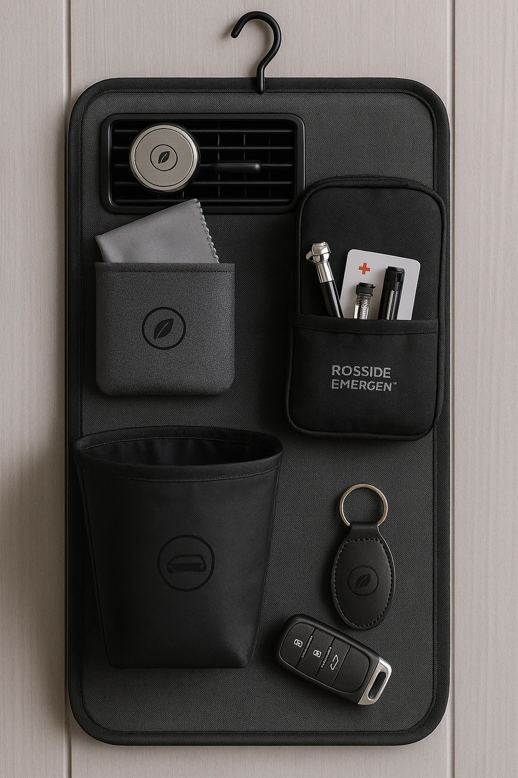 Vertical display of five sleek automotive swag items arranged on a hanging organizer against a light wood panel wall