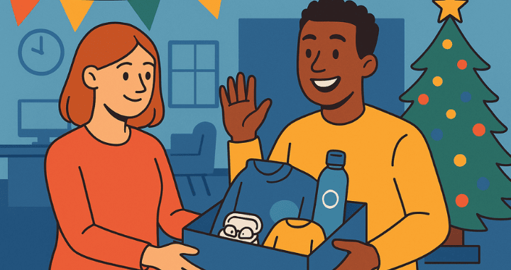 A colorful, cartoon-style illustration of employees receiving welcome gifts in an office setting, with swag items like apparel, tech gadgets, and desk accessories spread across a wide workspace.