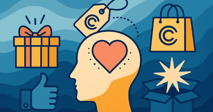 A colorful, digital illustration depicts concepts of corporate gifting psychology, featuring a head silhouette with a heart symbol, surrounded by icons like a gift box, a thumbs-up, a branded shopping tag, a logo bag, and an open box with a starburst, all set against an abstract blue background.