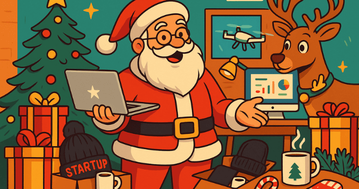 A cartoon-style illustration of holiday swag for startups featuring Santa as a tech founder holding a laptop, surrounded by festive gifts, branded startup merchandise, a Christmas tree, a reindeer, and office gadgets in a holiday-themed workspace.