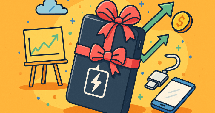Cartoon-style illustration of a black power bank wrapped in a ribbon, surrounded by tech icons and upward arrows, symbolizing power banks as a corporate gift.
