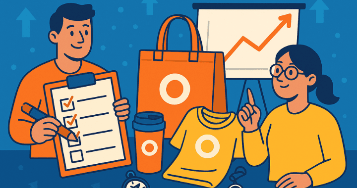 Cartoon-style illustration of two people planning a branded merch launch, surrounded by promotional items like a tote bag, T-shirt, tumbler, and compass, with a growth chart in the background.