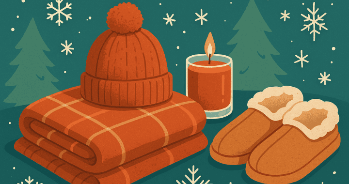 Cartoon-style banner featuring cozy corporate holiday swag like winter gifts, soft accessories, and branded seasonal items in a festive setting