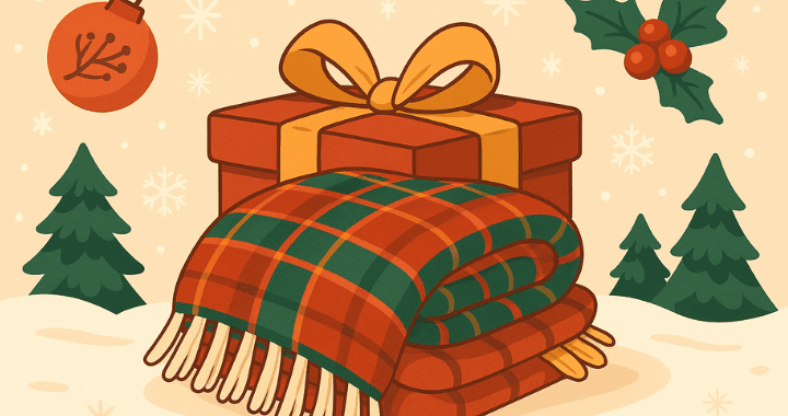 A festive cartoon illustration showing a folded plaid throw blanket and wrapped gift box in a snowy winter scene, symbolizing blankets as corporate gifts for the holidays.