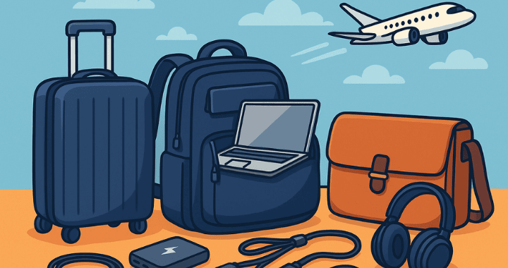 Cartoon-style illustration of business travel essentials including a navy suitcase, dark blue backpack with a visible laptop, orange messenger bag, black headphones, charging cables, and a power bank, with a small airplane flying in the blue sky above.
