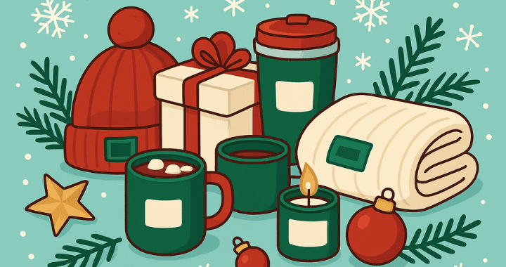 Cartoon illustration of branded winter gifts including mugs, beanie, blanket, candle, and holiday gift boxes in festive Christmas colors.