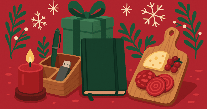 Cartoon illustration of memorable corporate gifts arranged for the holidays, including a notebook, desk organizer, USB drive, candle, and charcuterie board with festive decor.