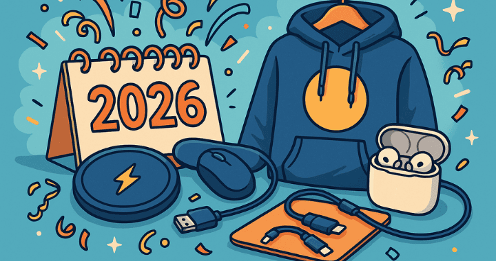 Cartoon-style illustration of company swag ideas for 2026, including a branded hoodie, earbuds, wireless charger, and tech accessories with New Year decor.