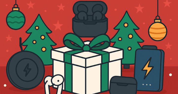 Cartoon-style holiday scene with the best tech swag for events including earbuds, a charging pad, and a gift box, surrounded by Christmas trees and ornaments.
