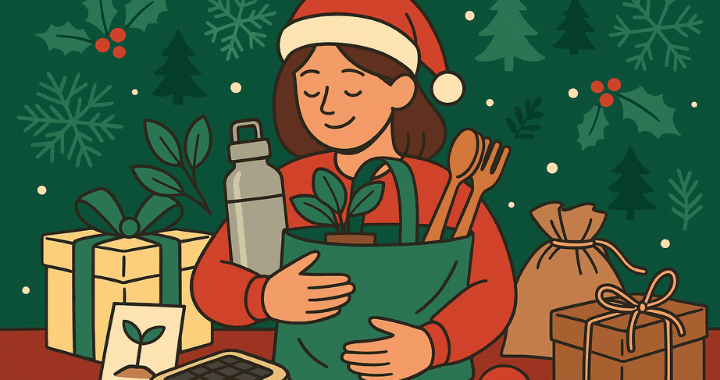 Cartoon illustration of eco-friendly swag that makes a statement in 2025, showing a woman in a Santa hat holding a reusable gift bag with sustainable holiday items