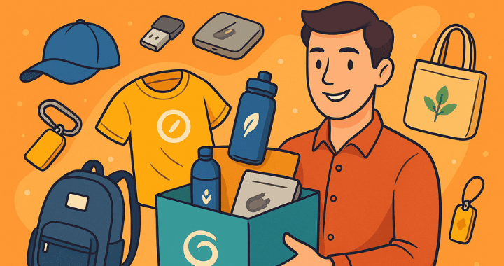 A cheerful employee holding a swag box filled with apparel, tech gear, and branded items, representing company swag ideas 2026.