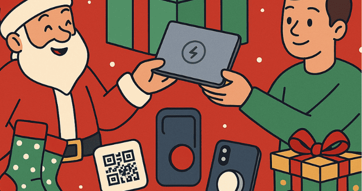 Cartoon illustration of Santa giving a tech gift to a person, surrounded by holiday giveaway ideas like socks, phone accessories, and festive gift boxes.