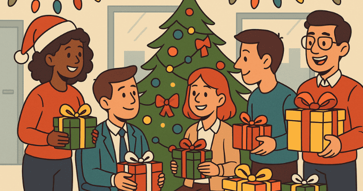 Cartoon-style holiday office scene with employees exchanging team gifts in front of a decorated Christmas tree and festive lights.
