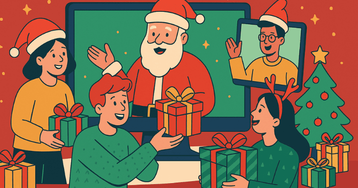 Cartoon illustration of a remote Secret Santa gift exchange with diverse team members on video calls sharing presents in a festive Christmas setting.