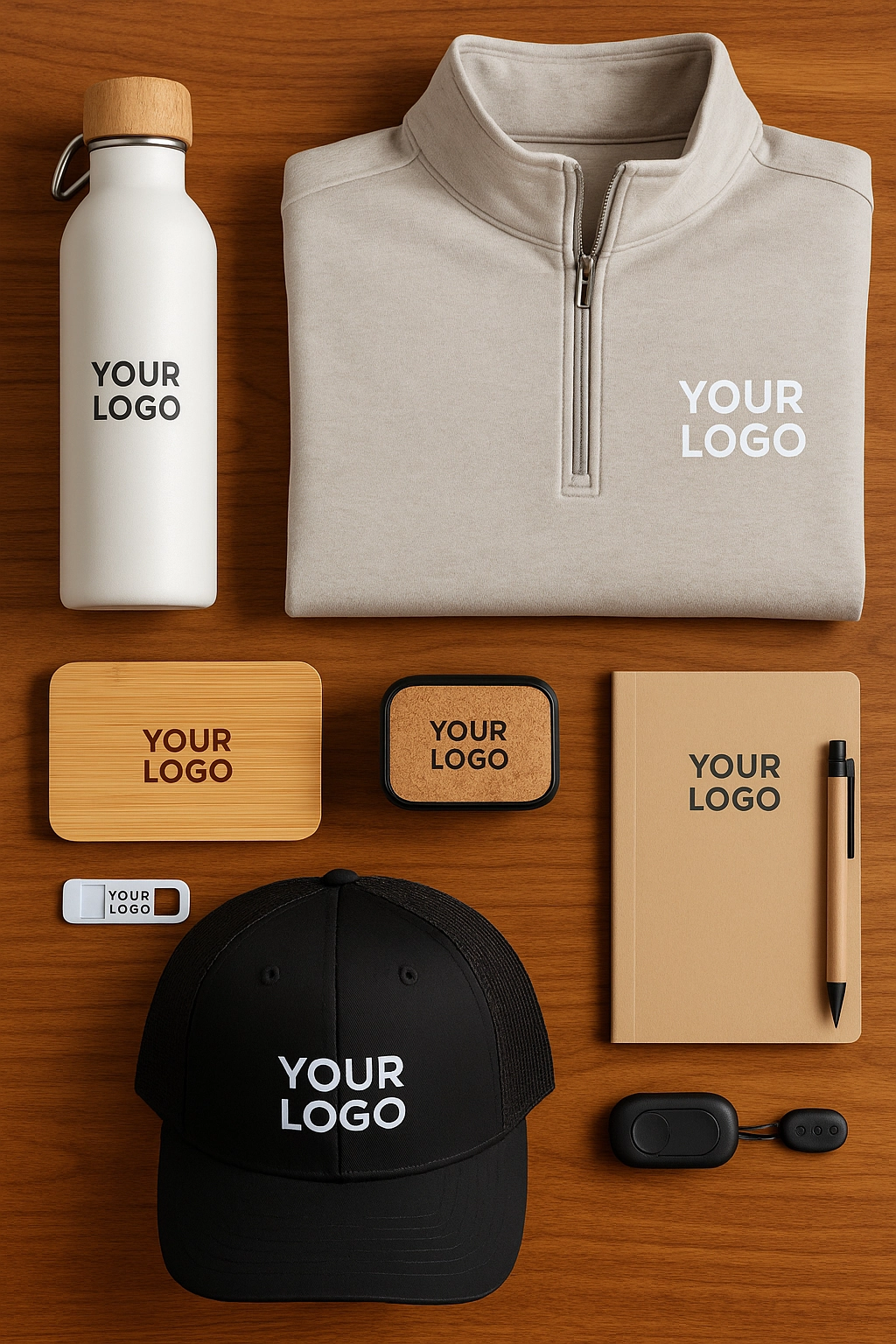 A curated flat lay of branded merchandise including apparel, tech accessories, and eco-friendly items, representing company swag ideas 2026.