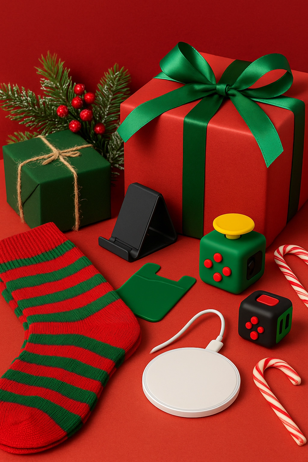 Holiday giveaway ideas including festive branded socks, phone accessories, charging pad, and gift boxes on a red Christmas-themed background.