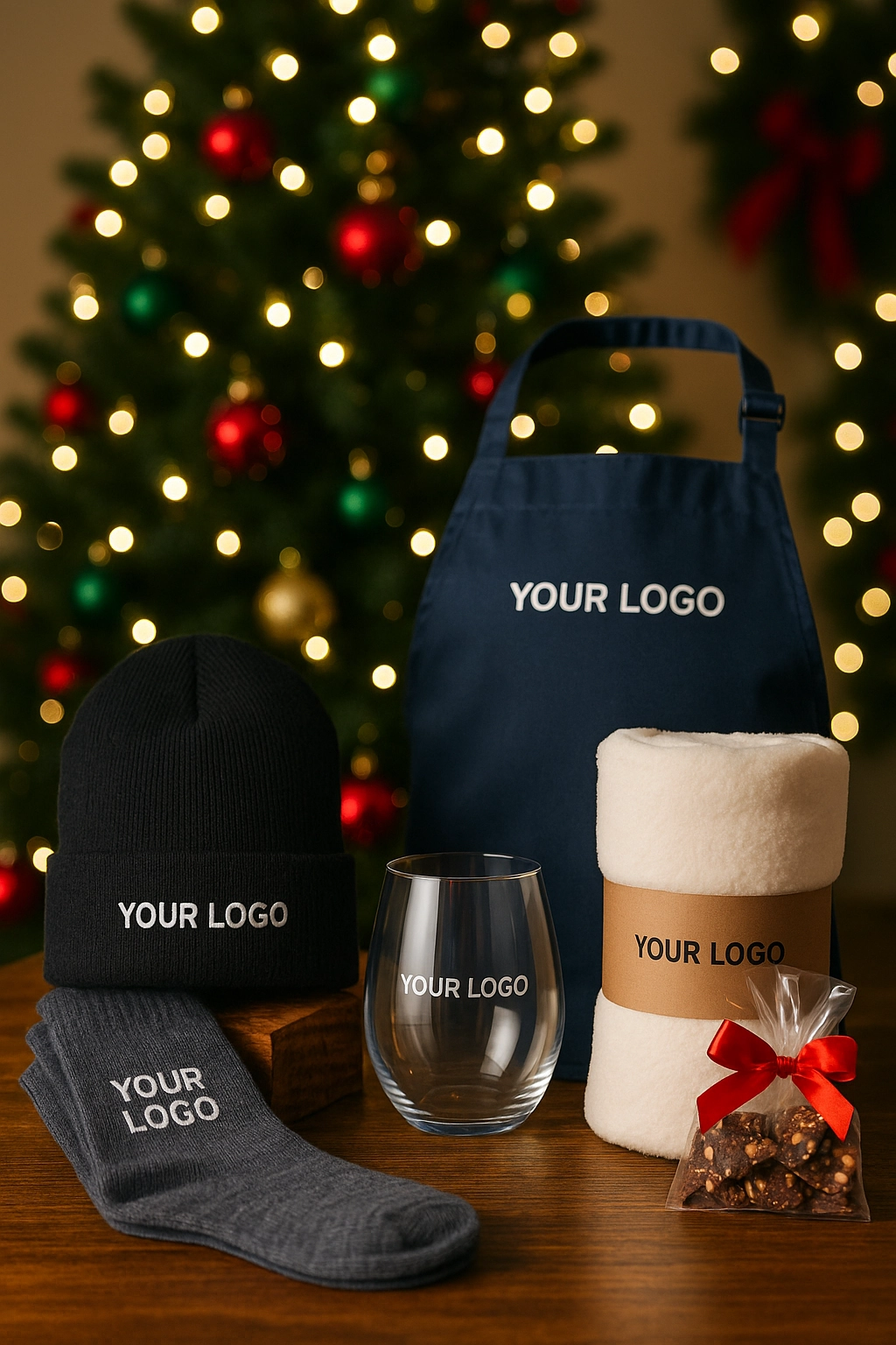Holiday-themed team gifts including a branded beanie, socks, fleece blanket, apron, glass, and candy, arranged in front of a decorated Christmas tree.