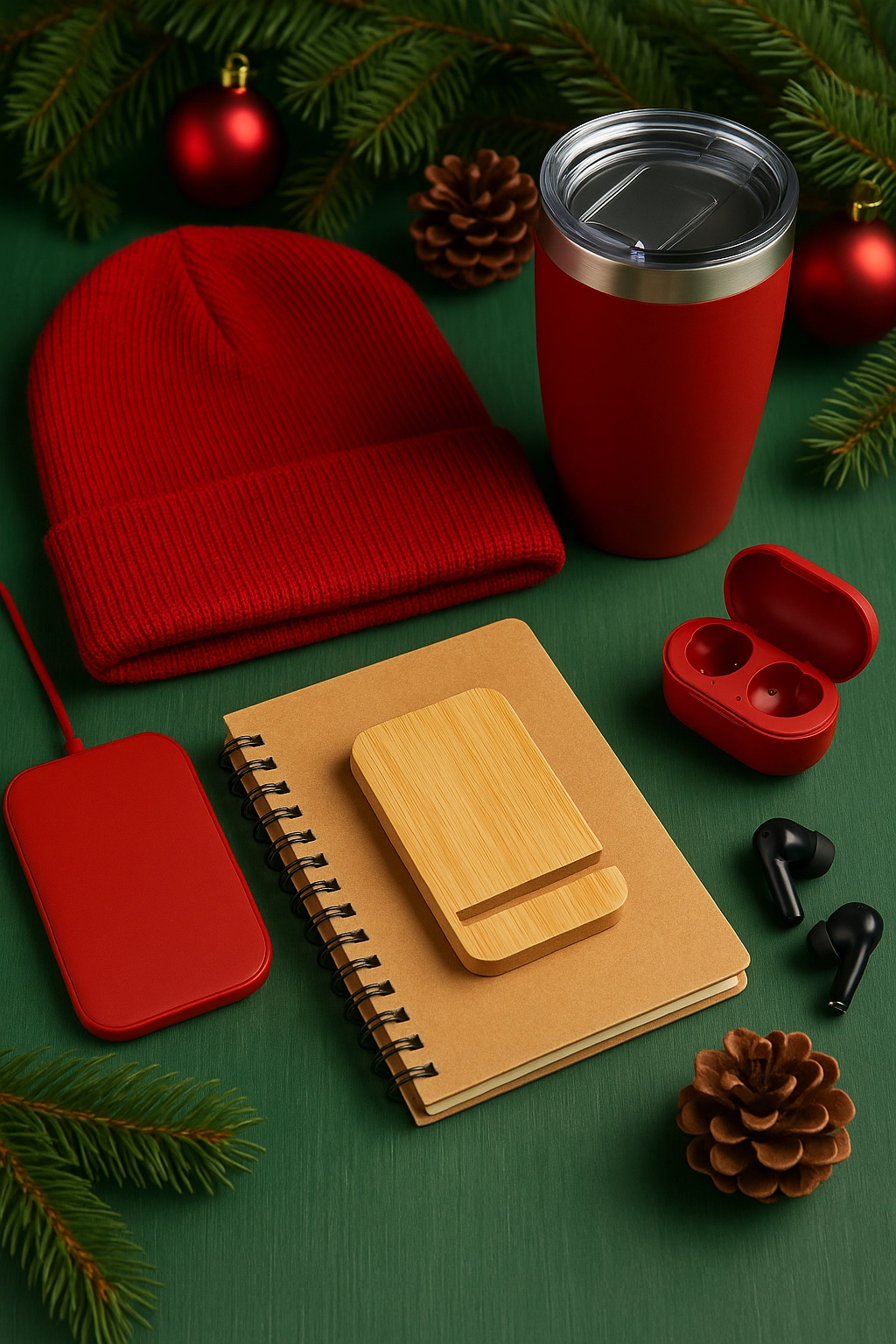 Remote Secret Santa swag items including a red beanie, tumbler, wireless charger, bamboo phone stand, notebook, and earbuds arranged in a festive holiday setting.