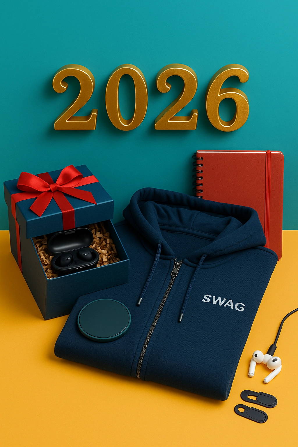 A collection of branded 2026 promotional products including a navy hoodie, wireless earbuds, a gift box, notebook, charging pad, and webcam covers, arranged on a colorful yellow and teal background.