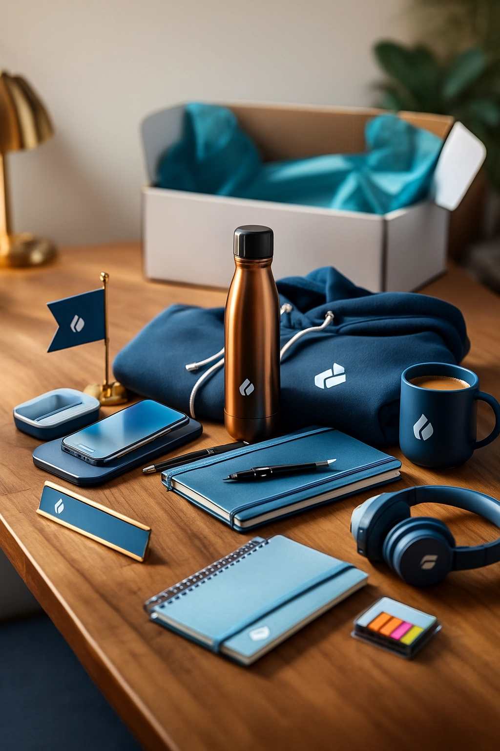 A vertical layout of new hire welcome gifts including a branded water bottle, wireless earbuds, desk organizer, and soft apparel in vibrant colors, styled on a clean background.