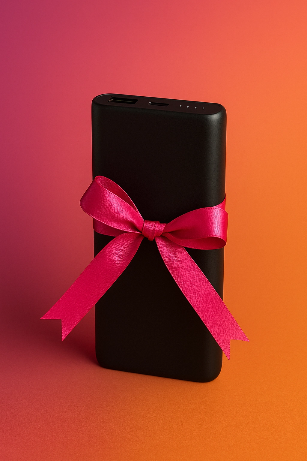 A sleek black power bank wrapped with a pink ribbon, photographed on a vibrant gradient background, representing power banks as a corporate gift.