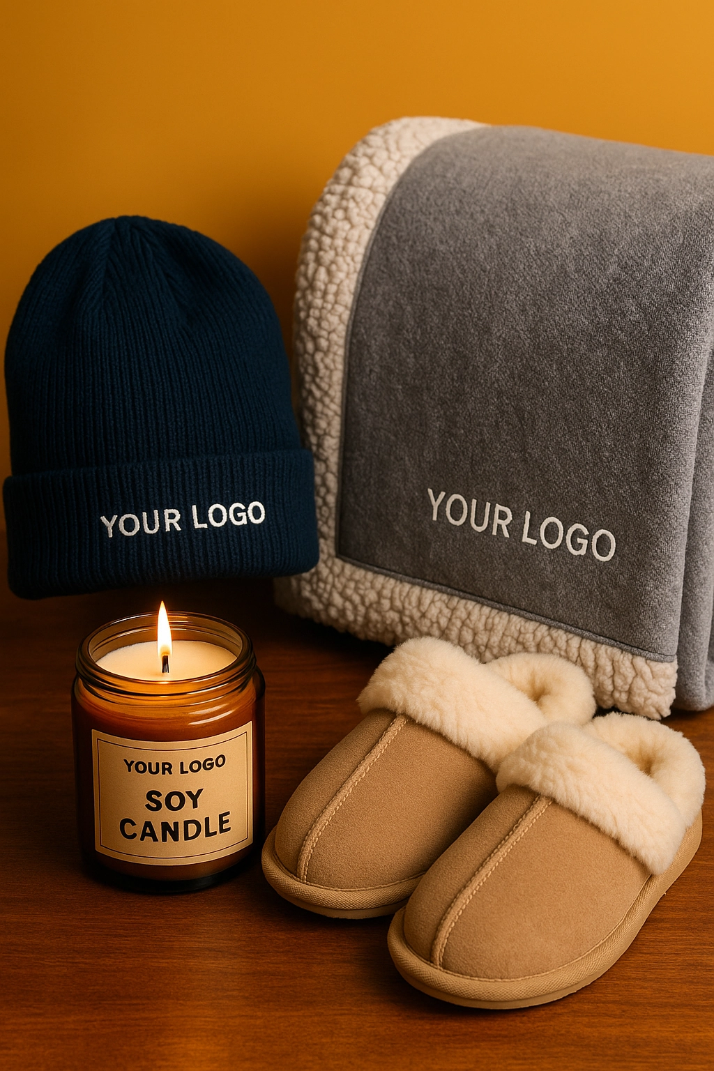 Tall product display of cozy corporate holiday swag including a fleece blanket, beanie, candle, and slippers in warm winter tones