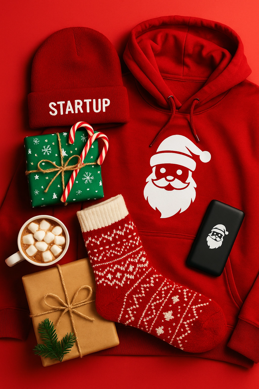 A festive flat-lay image showcasing holiday swag for startups, including a Santa-themed hoodie, knit beanie labeled "STARTUP", red patterned sock, power bank, wrapped gifts, candy canes, hot chocolate, and fir sprigs, all arranged on a red background.