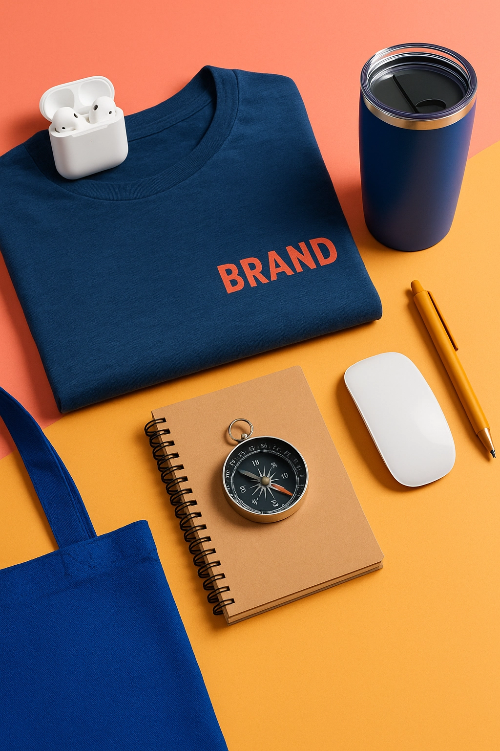 Tall image showcasing branded merch launch essentials, including a folded T-shirt, tumbler, compass, and tote bag, styled on vibrant coral and gold backgrounds.