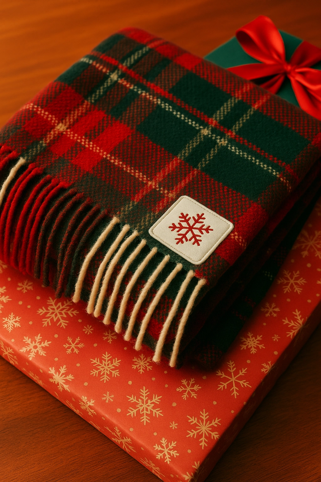 A festive tartan holiday throw folded on top of a wrapped gift box, showcasing blankets as corporate gifts in a warm seasonal setting.