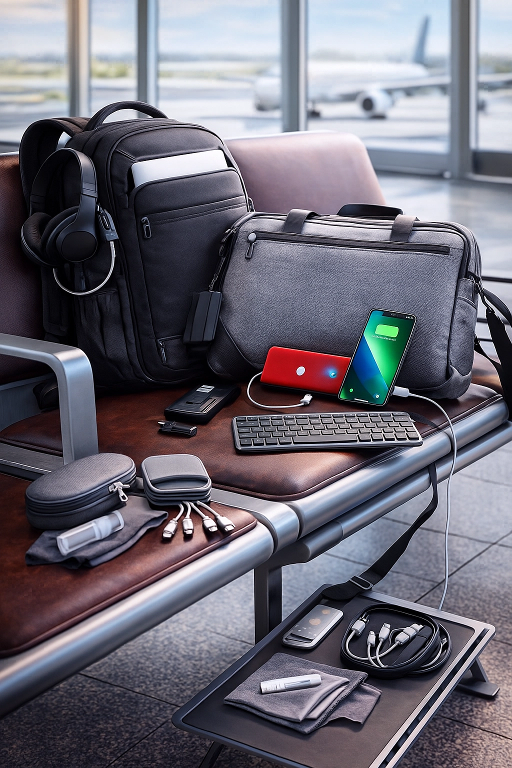 Flat lay of travel swag items including a navy blue suitcase, matching backpack with a laptop, burnt orange messenger bag, wireless headphones, charging cables, and a portable power bank arranged on a vibrant orange background.