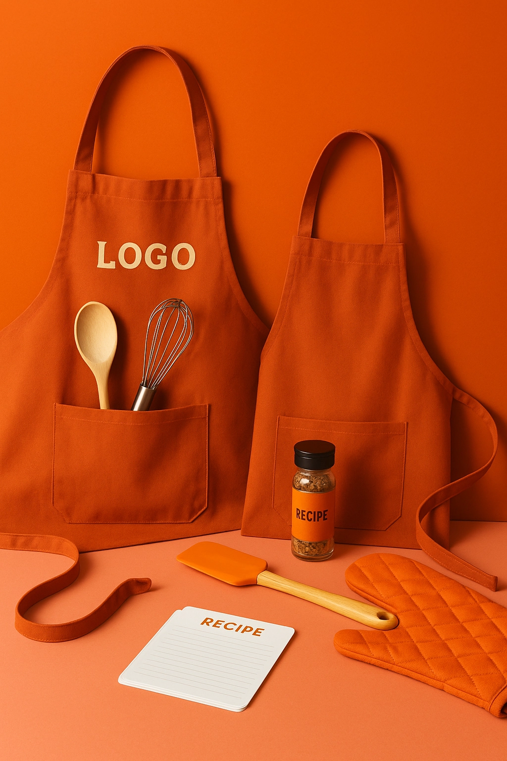 Flat lay of custom culinary swag ideas including branded aprons, kitchen tools, spice jar, and recipe cards on a vibrant orange background.