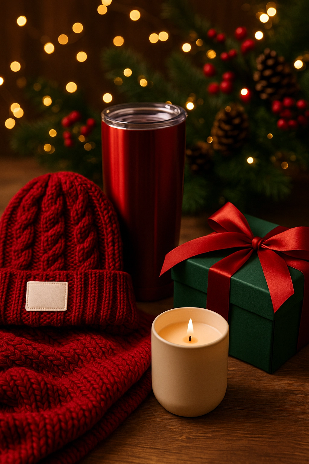 Branded winter gifts including a red beanie, candle, tumbler, and holiday gift box arranged in Christmas colors for businesses.