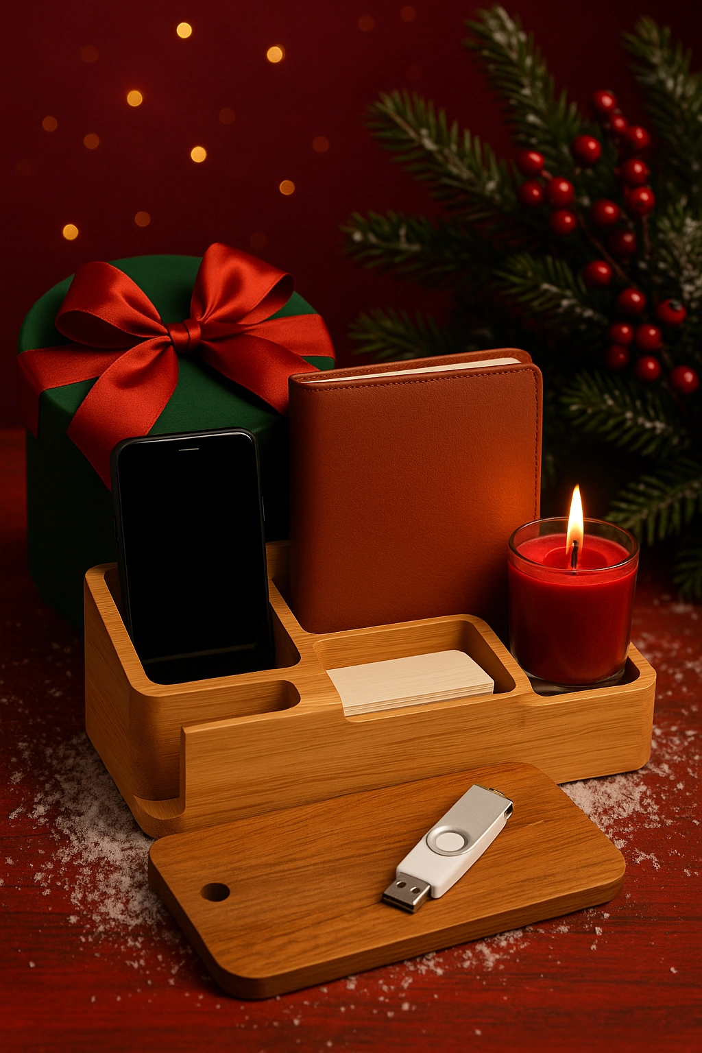 festive holiday scene showcasing memorable corporate gifts, including a bamboo desk organizer, leather notebook, red candle, and USB drive on a snow-dusted red surface.