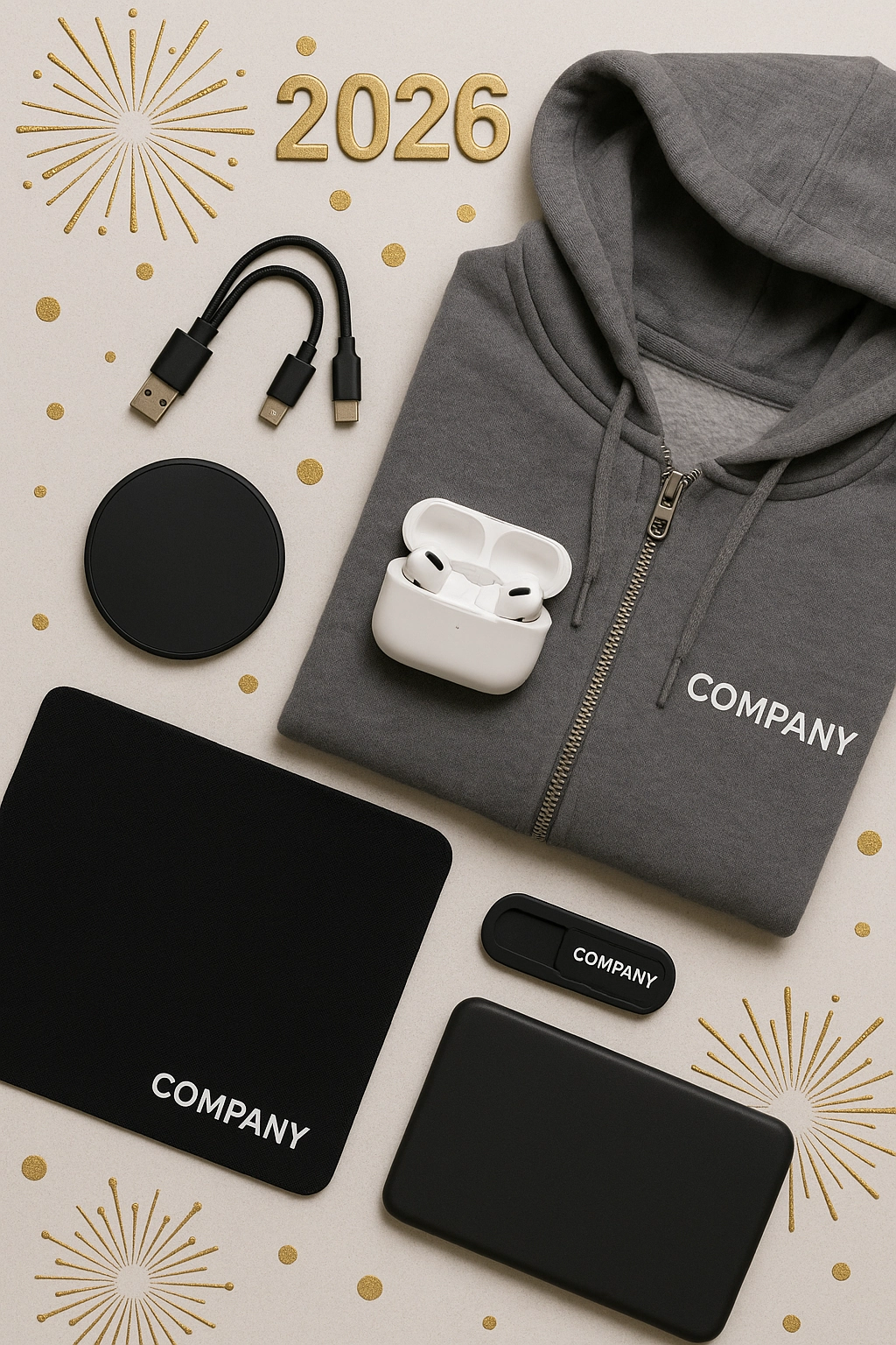flat lay of company swag ideas for 2026 featuring a branded hoodie, wireless earbuds, charging pad, and tech accessories on a festive New Year background.