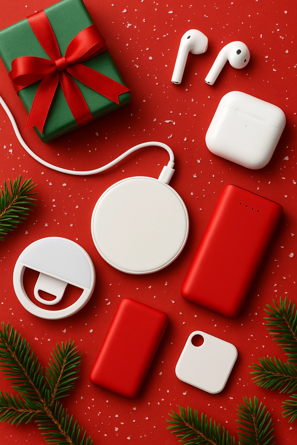 Flat lay of the best tech swag for events, featuring wireless earbuds, a power bank, charging pad, and gift box with Christmas decorations on a red background