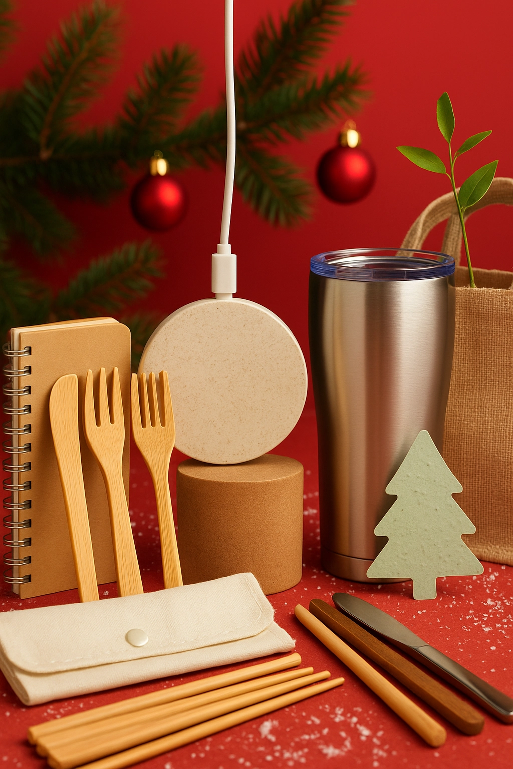 Eco-friendly swag that makes a statement in 2025, featuring bamboo utensils, a stainless steel tumbler, seed paper, a jute gift bag, and a wheat straw charger displayed in a holiday setting with red ornaments and evergreen branches.