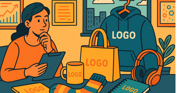 Cartoon-style illustration of an HR professional reviewing branded swag items like a hoodie, socks, and mugs, representing branded gifting trends 2025