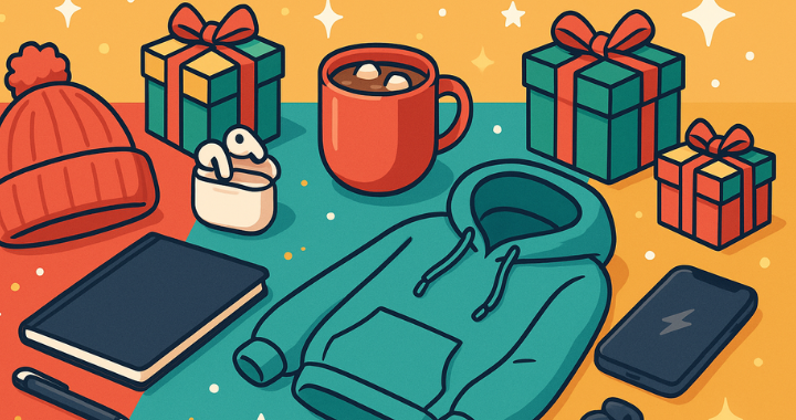 Cartoon-style illustration of holiday swag items including a red beanie, gift boxes, a teal hoodie, a mug of hot chocolate, wireless earbuds, a black notebook, and a smartphone, arranged on a colorful festive background.