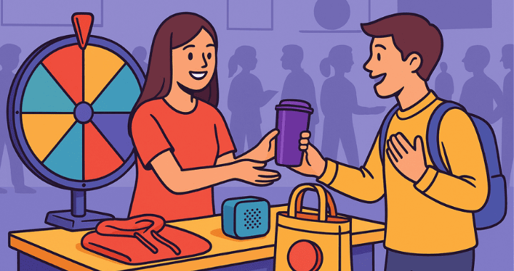 Cartoon-style illustration of a trade show booth where a woman hands a purple tumbler to an excited attendee. The scene includes a colorful prize wheel, red hoodie, blue speaker, and yellow tote bag on a display table, with blurred event-goers in the background.
