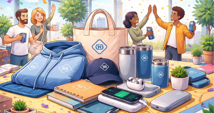Cartoon-style illustration of the best branded merchandise for employee engagement, featuring swag like a hoodie, cap, tote bag, water bottles, power banks, and notebooks on a desk, with happy employees celebrating in a colorful office environment.