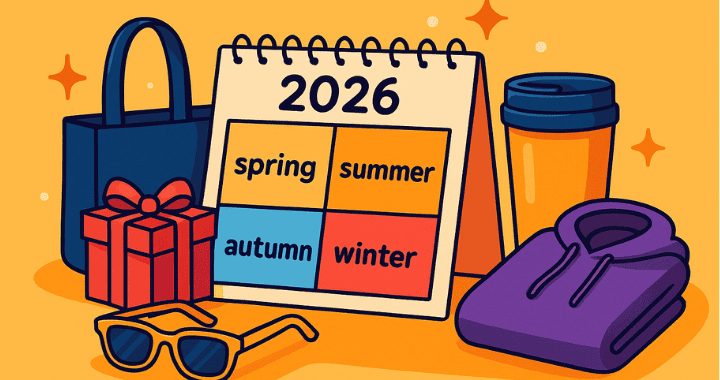 Cartoon-style illustration of seasonal swag items arranged around a 2026 calendar, including a navy tote bag, red gift box, yellow sunglasses, orange travel mug, and folded purple hoodie, set against a bright orange background.