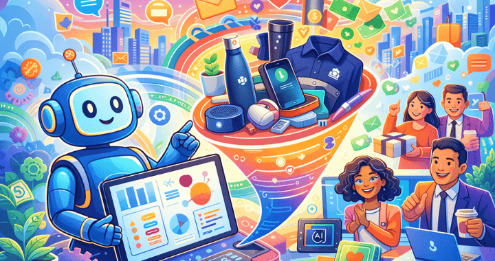 Wide cartoon-style illustration showing a cheerful AI robot analyzing data, with a colorful funnel channeling branded corporate swag like water bottles, tech gadgets, and apparel toward smiling office workers, set against a vibrant cityscape filled with icons representing strategy, communication, and engagement.