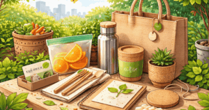 Cartoon-style illustration of zero waste swag including bamboo cutlery, a reusable tote, cork jar, seed paper notebook, and stainless steel bottle on a wooden table surrounded by greenery.