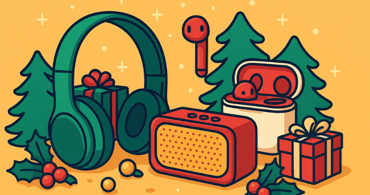 Cartoon-style illustration of festive audio promotional products, including green over-ear headphones, red earbuds, a red Bluetooth speaker, and wrapped gifts, set among holly and evergreen trees on a yellow background with decorative sparkles.