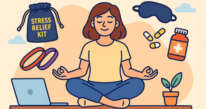 Cartoon-style illustration of a woman meditating cross-legged on a desk, surrounded by wellness swag items like a stress relief kit, resistance bands, sleep mask, supplements, and a laptop, with a soft pastel background and floating clouds.