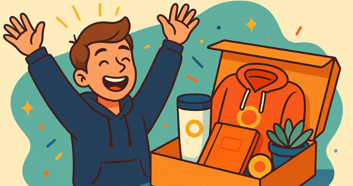 A joyful new employee receiving a colorful employee welcome kit with branded swag items like a hoodie, tumbler, notebook, and plant, illustrated in a playful cartoon style.