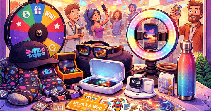 Cartoon illustration of trade show swag ideas 2026, showing colorful giveaways like smart glasses, prize wheel, scratch-off cards, and excited attendees at a vibrant booth.