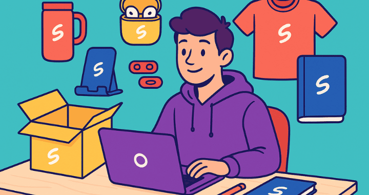 Cartoon-style illustration of a smiling person in a purple hoodie working on a branded laptop at a desk, surrounded by colorful startup swag items like a tumbler, earbuds case, phone stand, webcam covers, t-shirt, and notebook, all set against a bright turquoise background.
